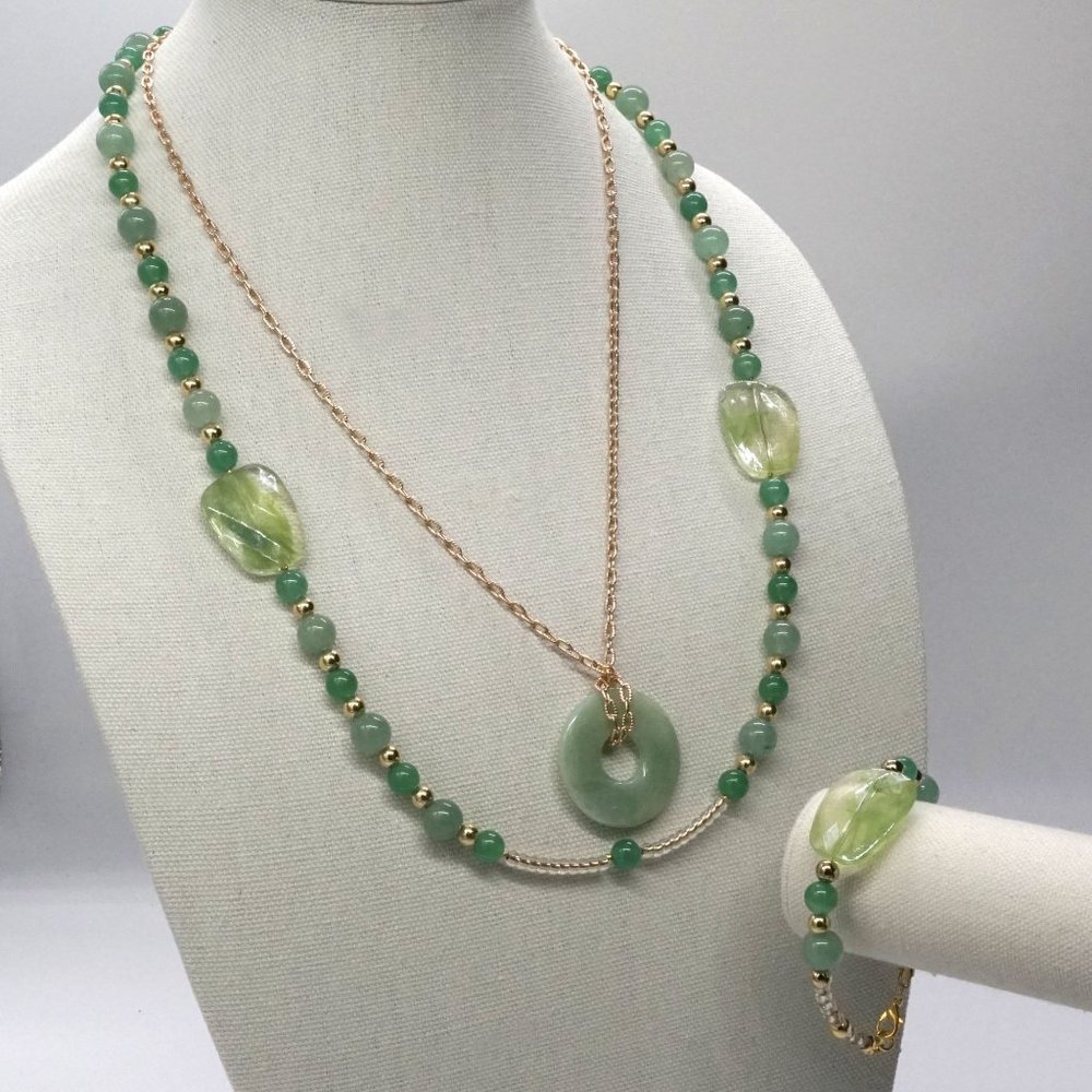 Set Necklace Bracelet Jade Disc Lobster Clasp Gold Green Dual Strand Unique - Picture 1 of 5